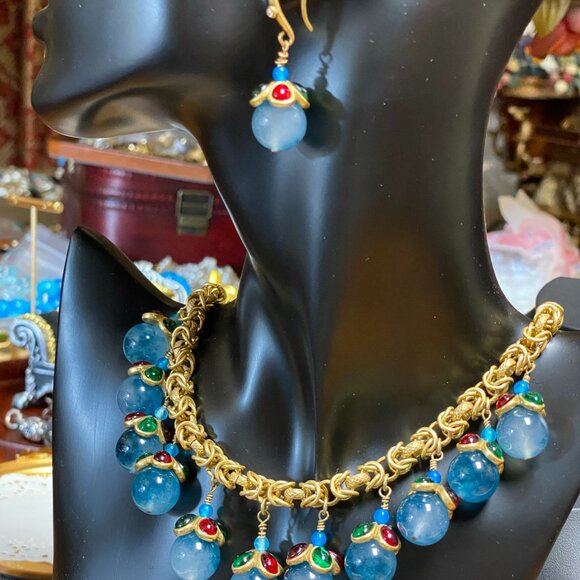 Stunning Vintage Palace Style Blue Gemstone Necklace & Earring Set - Picture 2 of 7